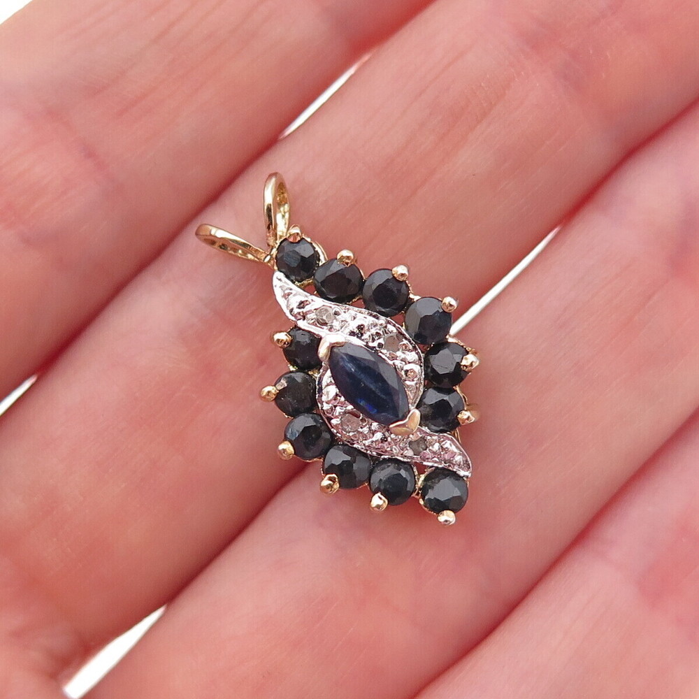925 Sterling Silver 2-Tone Vintage Real Diamond & Sapphire Charm Pendant